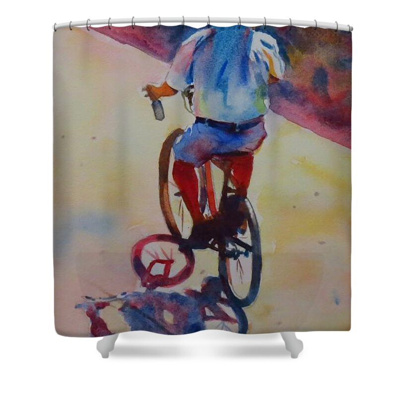 Landscape Shower Curtain featuring the painting Cyclist in the Sun-G.Berry #68 by David Gilmore