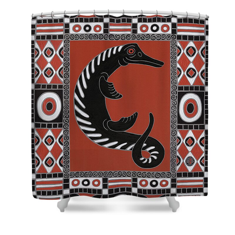 Sea Creature Shower Curtain featuring the painting Cymbospondylus. Geometric Pattern by Amy E Fraser