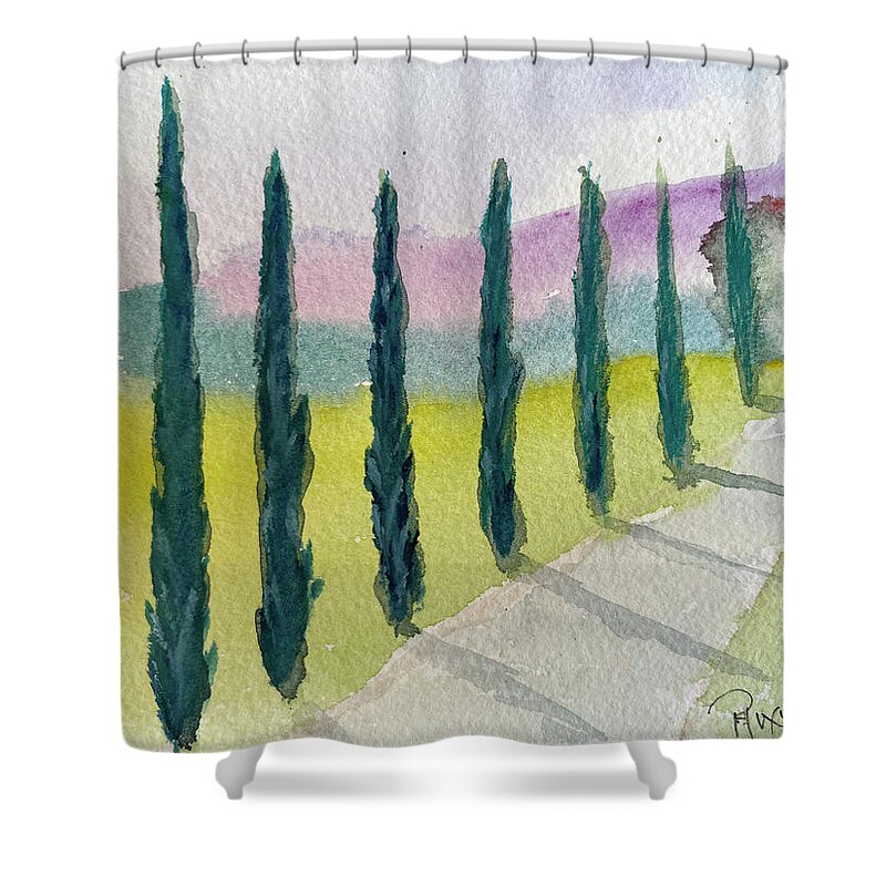 Cypress Trees Shower Curtain featuring the painting Cypress Trees Landscape by Roxy Rich