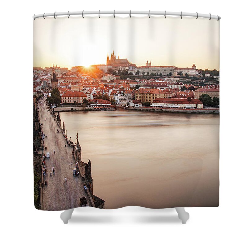 Castle Shower Curtain featuring the photograph Czech capital city with Charles bridge at sunset by Vaclav Sonnek