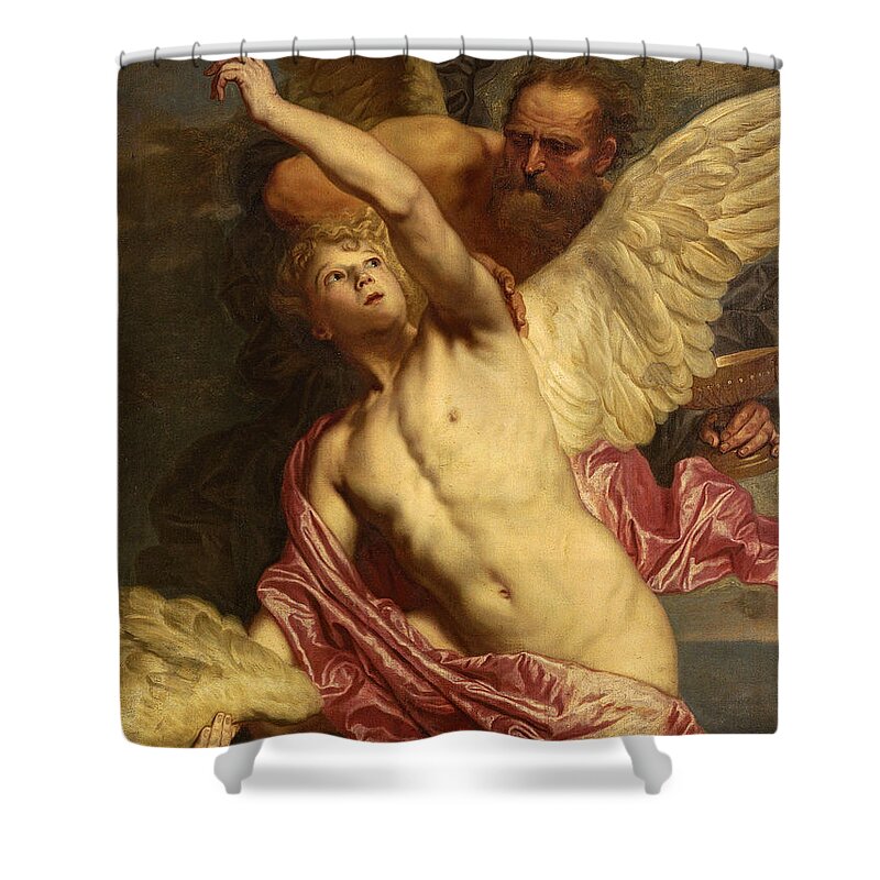 Pieter Thijs Shower Curtain featuring the painting Daedalus fixing wings onto the shoulders of Icarus by Pieter Thijs