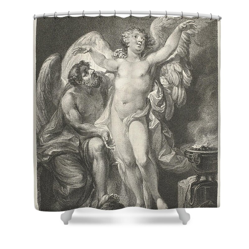 Christian Friedrich Stolzel Shower Curtain featuring the drawing Daedalus teaches Icarus how to fly by Christian Friedrich Stolzel
