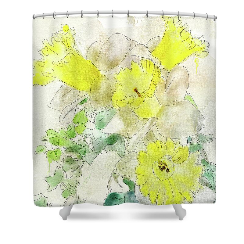 Flowers Shower Curtain featuring the digital art Daffodils And Ivy by Lois Bryan