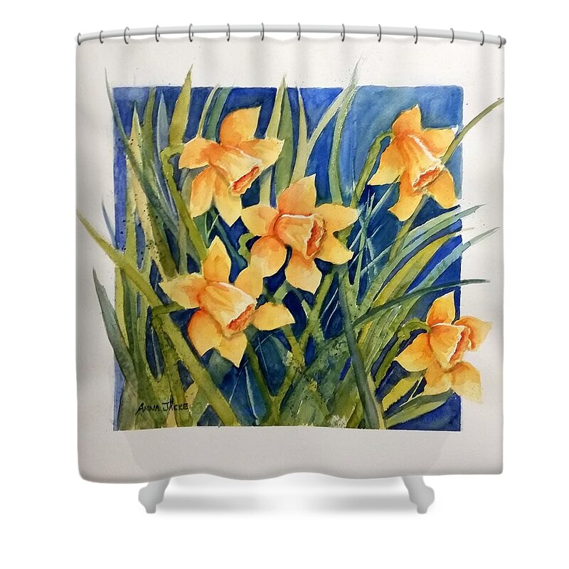 Daffodil Blooms Shower Curtain featuring the painting Daffodils by Anna Jacke