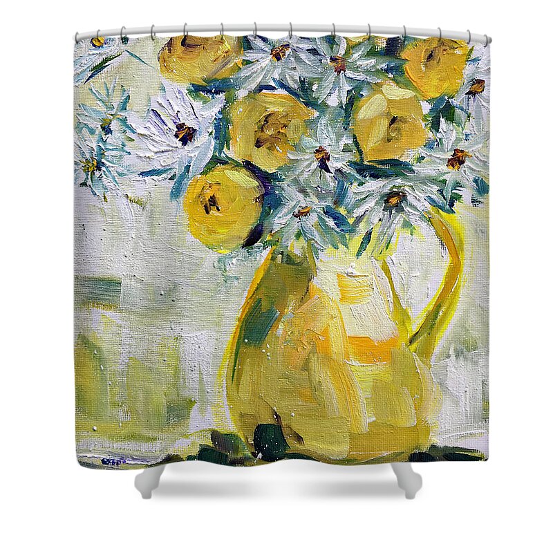 Daisies Shower Curtain featuring the painting Daisies and Roses by Roxy Rich
