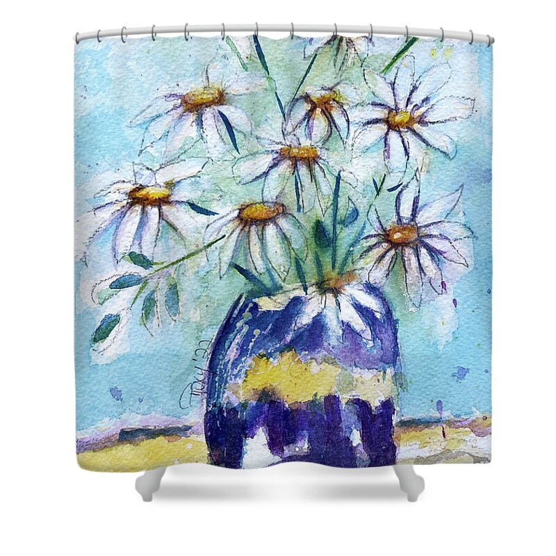 Loose Floral Shower Curtain featuring the painting Daisies in a Purple Vase by Roxy Rich