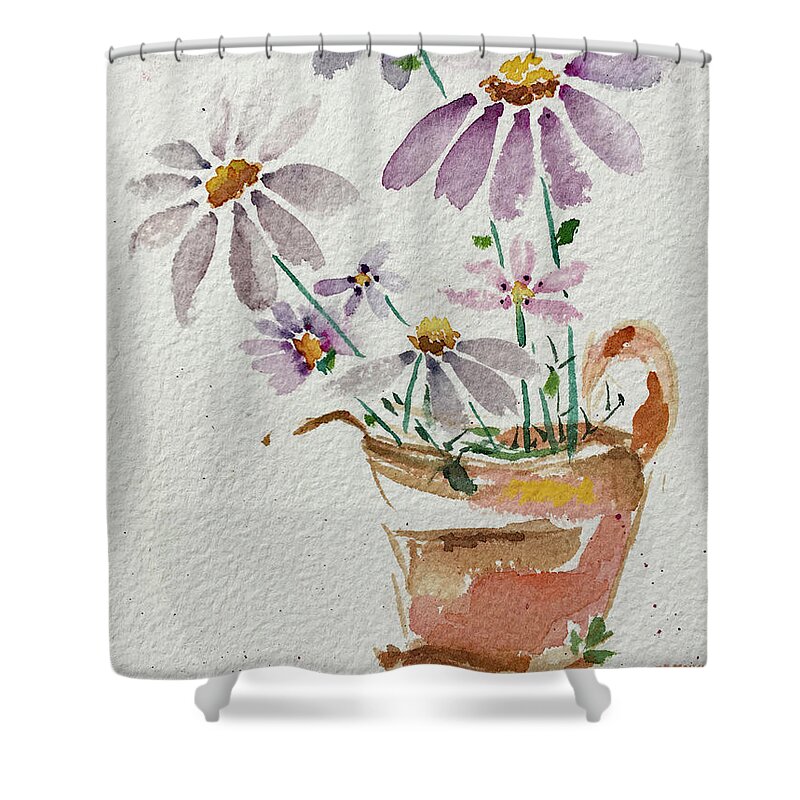 Daisy Shower Curtain featuring the painting Daisies in a Rusty Copper Pitcher by Roxy Rich