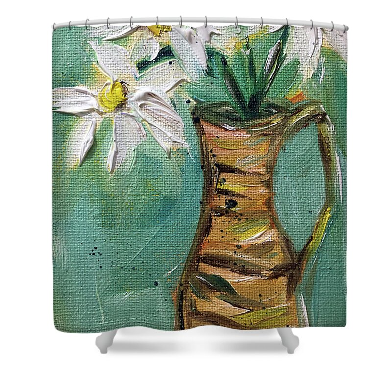 Daisies Shower Curtain featuring the painting Daisies in a Wicker Pitcher by Roxy Rich