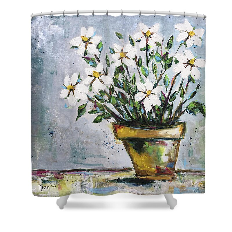 Daisy Gardenias Shower Curtain featuring the painting Daisy Gardenias by Roxy Rich