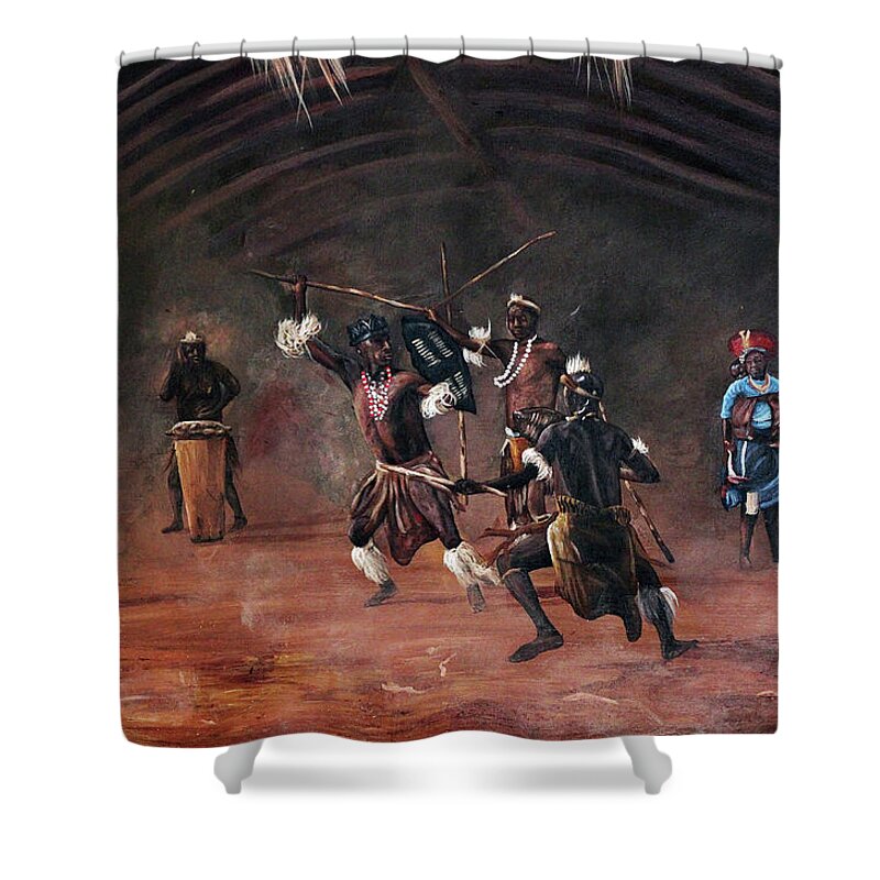 African Art Shower Curtain featuring the painting Dance Of Spears by Ronnie Moyo