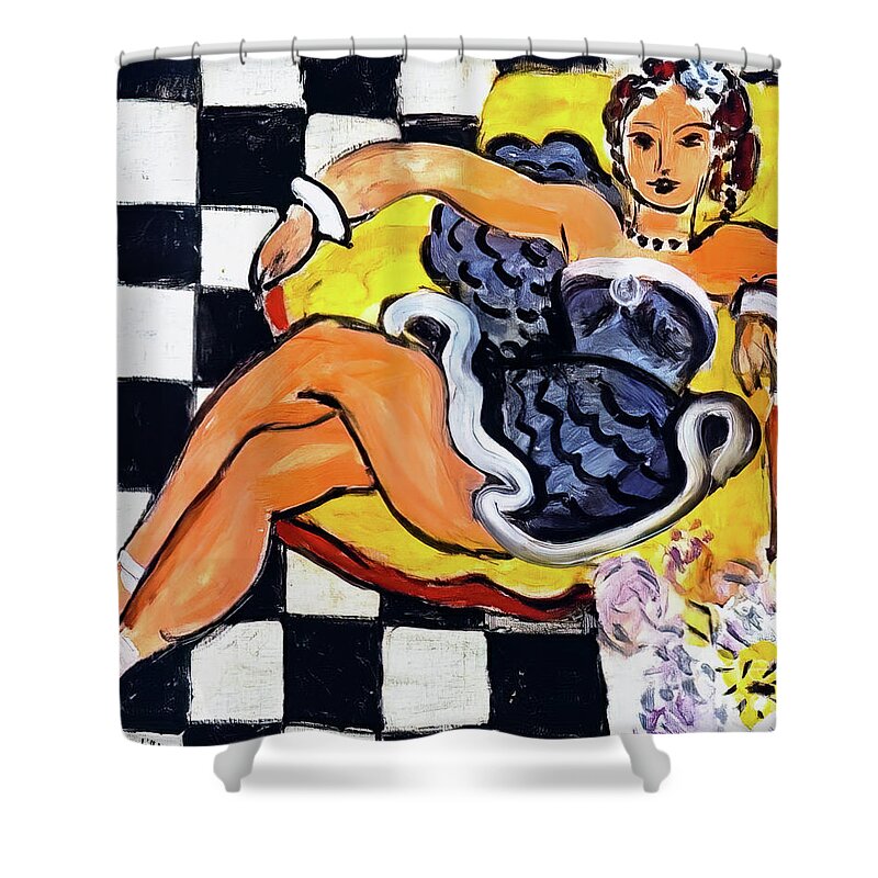 Dancer Shower Curtain featuring the painting Dancer in Armchair Checkerboard Pattern by Henri Matisse 1942 by Henri Matisse