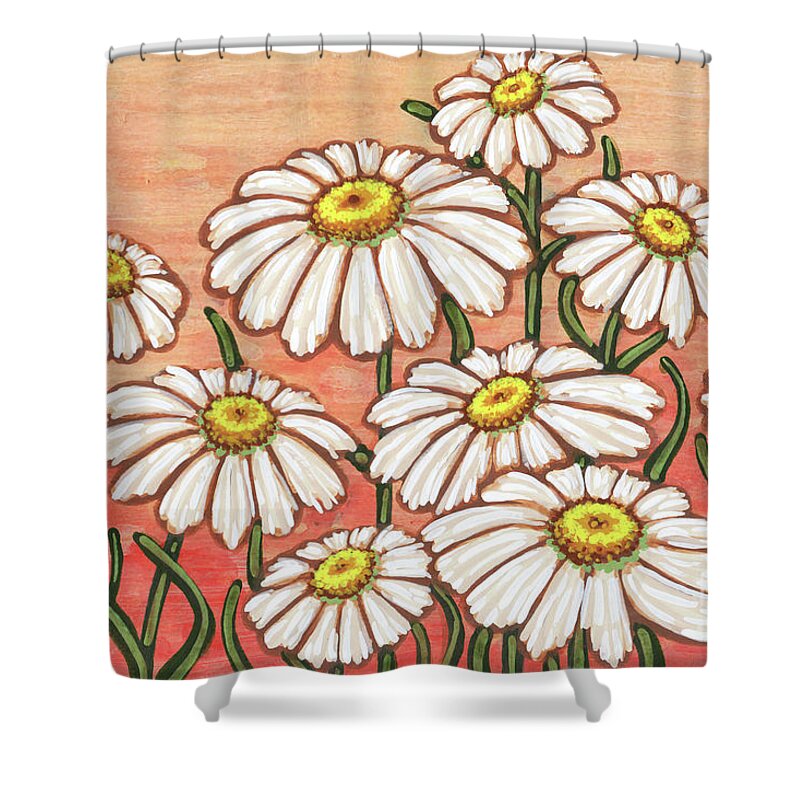 Daisy Shower Curtain featuring the painting Dancing Daisy Daydreams in Sun Kissed Peach Skies by Amy E Fraser
