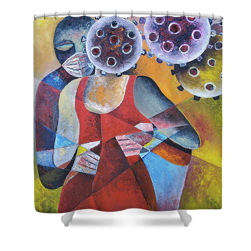 Abstract Painting Shower Curtain featuring the painting Dancing in red with Covid-19 by Obi-Tabot Tabe