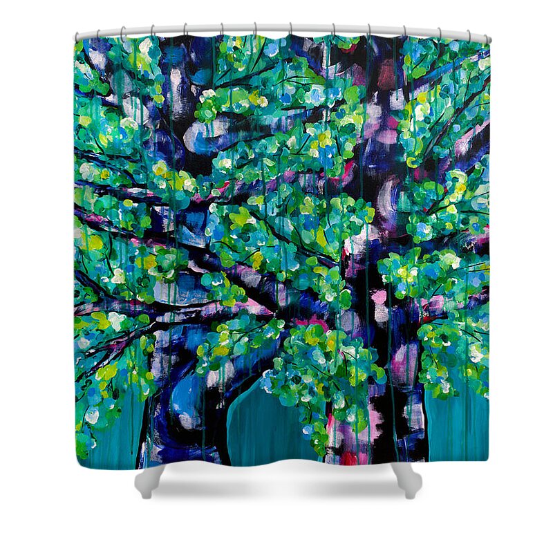 Trees Shower Curtain featuring the painting Dancing in the Rain by Beth Ann Scott