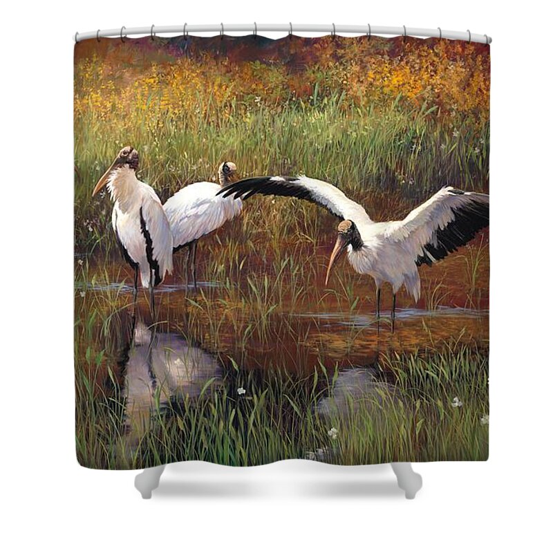 Dancing Birds Shower Curtain featuring the painting Dancing in Tuxedos by Laurie Snow Hein