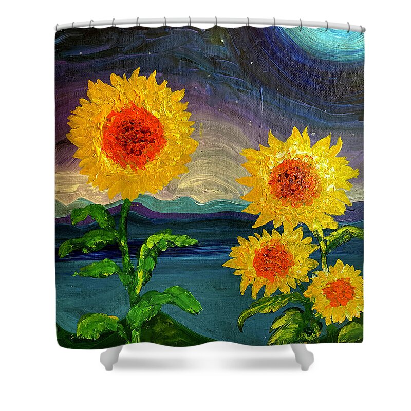 Dancing Sunflowers Under A Full Moon Shower Curtain featuring the painting Dancing Sunflowers Under A Full Moon by Amzie Adams