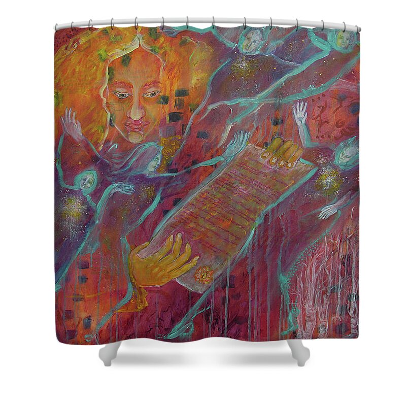 Dancing With Fire Shower Curtain featuring the painting Dancing With Fire Interpreting the Calligraphy of Its Burns by Feather Redfox