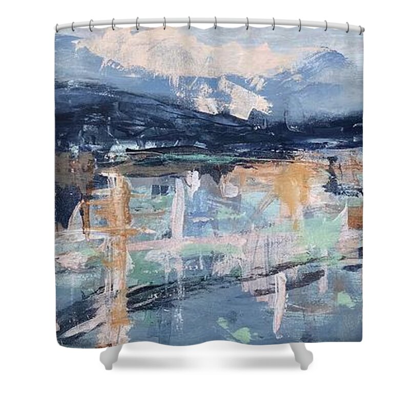 Diptych Shower Curtain featuring the painting Dancing With The Mountains I by Donna Tuten