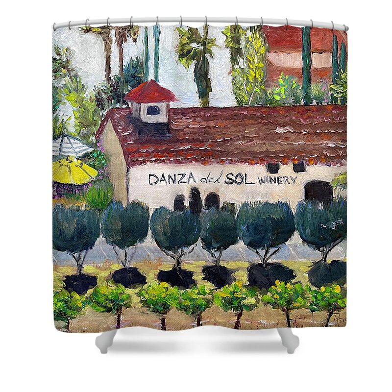 Danza Del Sol Shower Curtain featuring the painting Danza del Sol Winery by Roxy Rich