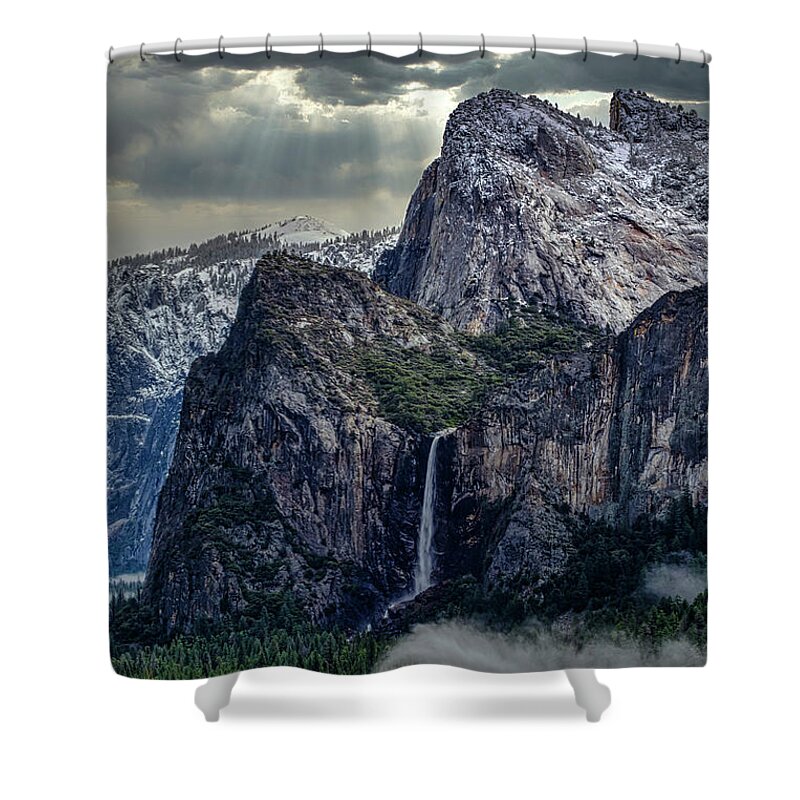 Landscape Shower Curtain featuring the photograph Dark Clouds over Bridalveil Fall by Romeo Victor
