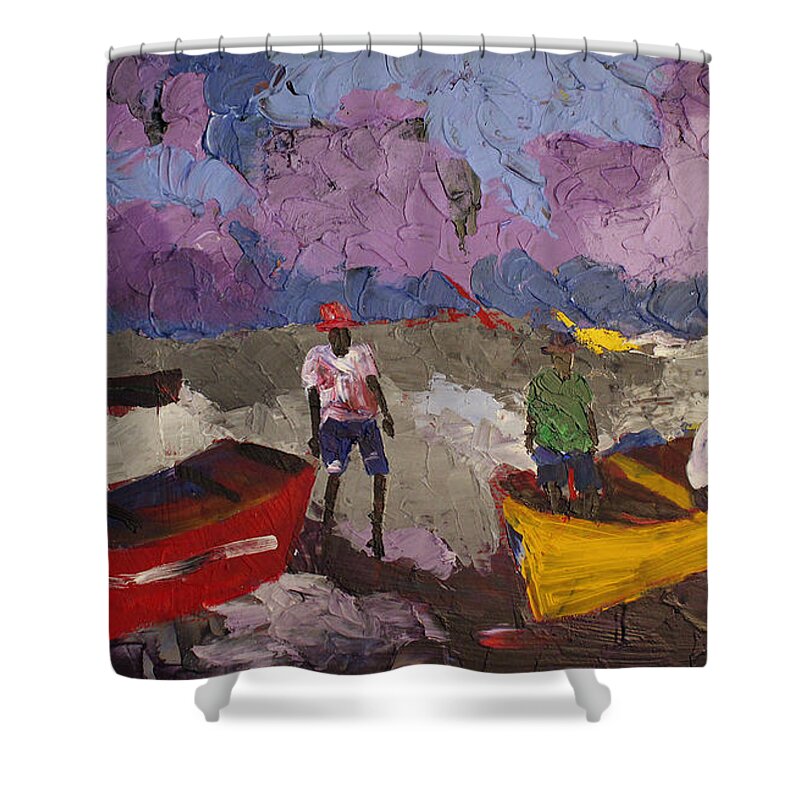 African Art Shower Curtain featuring the painting Dark Purple Fishing Sky by Tarizai Munsvhenga