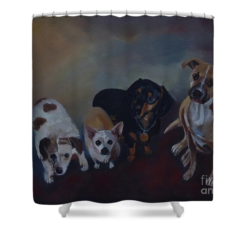 Dogs Shower Curtain featuring the painting Darlene's Dogs by Jan Dappen