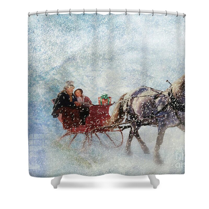 Winter Shower Curtain featuring the mixed media Dashing Through the Snow by Elaine Manley