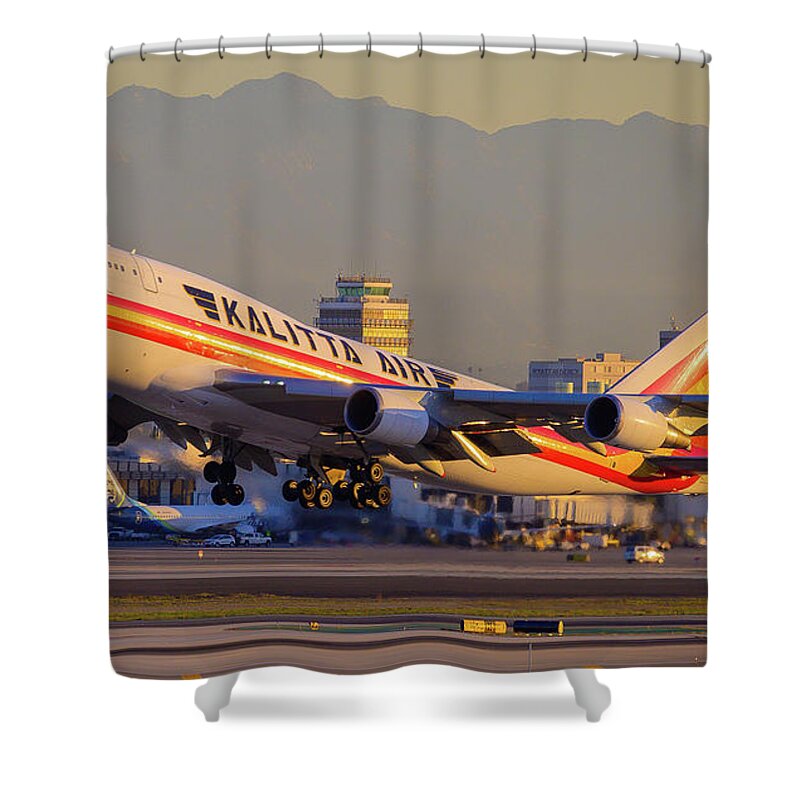 Jet Shower Curtain featuring the photograph Dawn 747 Take Off by Douglas Castleman