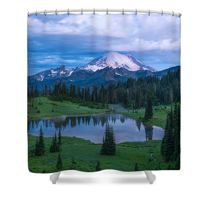 Dawn Colors At Mount Rainier Shower Curtain featuring the photograph Blue hour at Mount Rainier by Lynn Hopwood