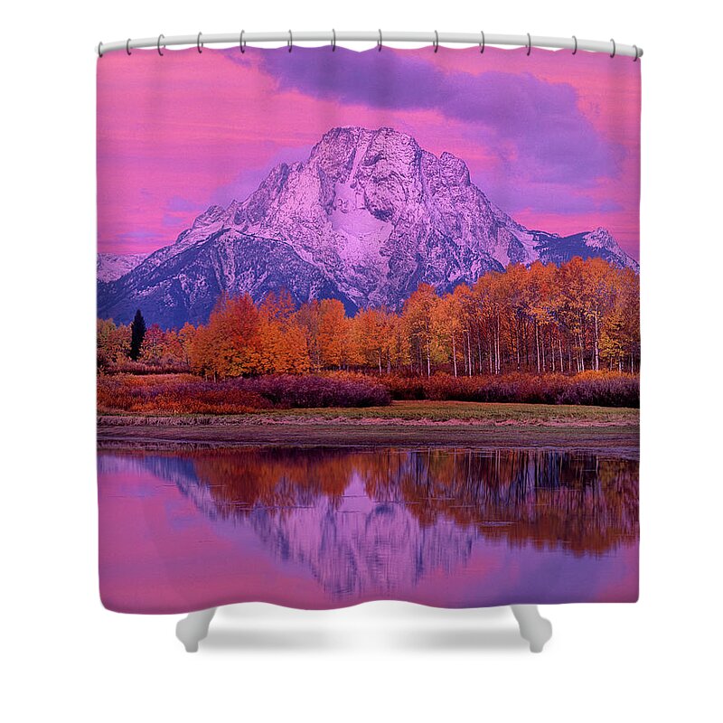 Dave Welling Shower Curtain featuring the photograph Dawn Oxbow Bend In Fall Grand Tetons National Park by Dave Welling