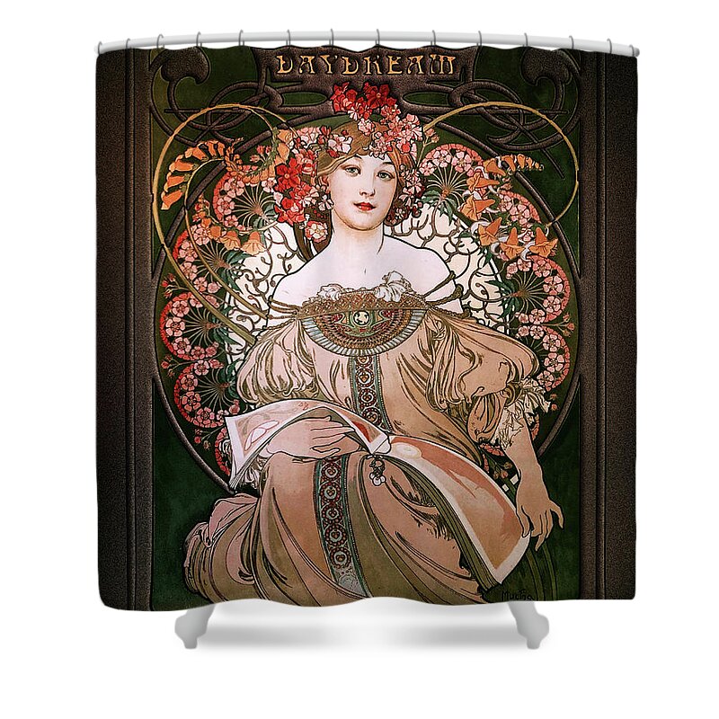 Daydream Shower Curtain featuring the painting Daydream by Alphonse Mucha Black Background by Rolando Burbon