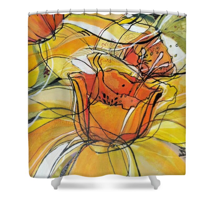 Daffodils Shower Curtain featuring the mixed media Dazzling Dancing Daffodils by Eleatta Diver by Eleatta Diver