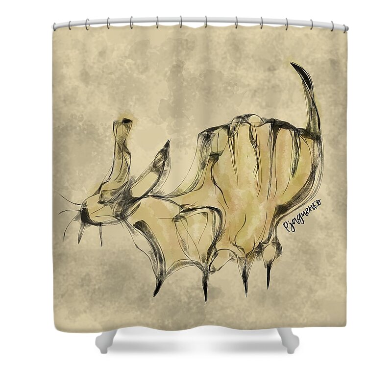 Cat Shower Curtain featuring the digital art Deadly cat silently approaching by Ljev Rjadcenko