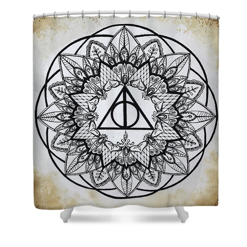 Deathly Hallows Shower Curtain featuring the drawing Deathly Hallows Mandala by Meganne Peck