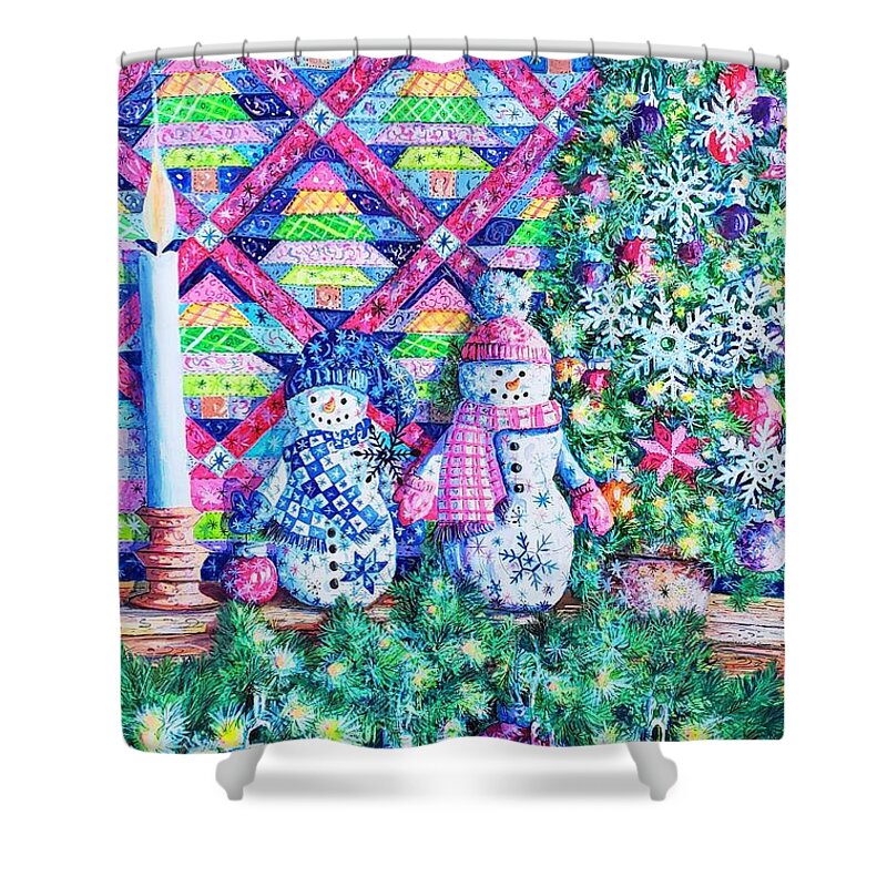 Quilt Shower Curtain featuring the painting Decorating for Christmas by Diane Phalen