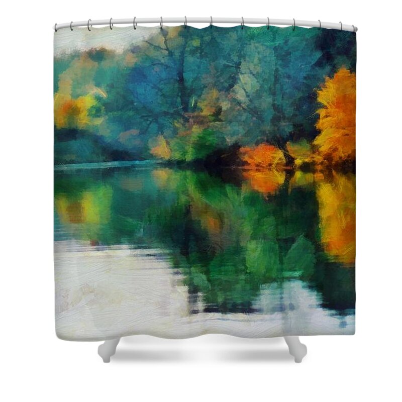 Lake Shower Curtain featuring the mixed media Deep Fall on the Lake by Christopher Reed