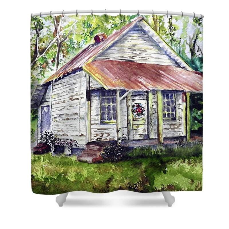 Cabin Shower Curtain featuring the painting Deep Woods Christmas by Barbara F Johnson