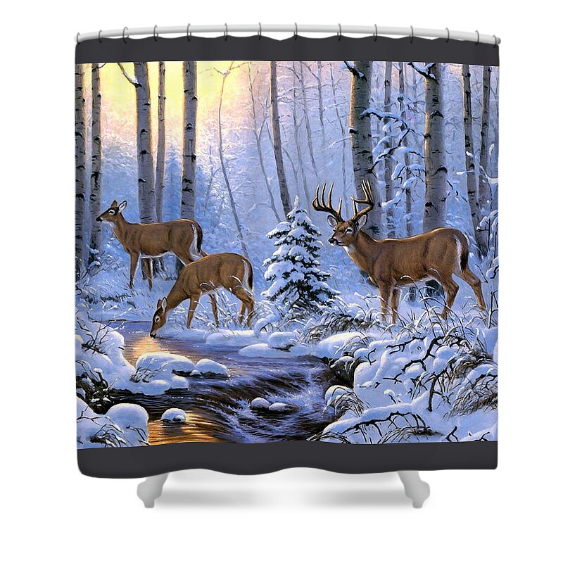 Deer Family Shower Curtain featuring the mixed media A Deer Family Winter Sunrise Scene by Sandi OReilly