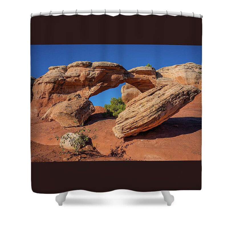 Arches National Park Shower Curtain featuring the photograph Defying Gravity by Ron Long Ltd Photography