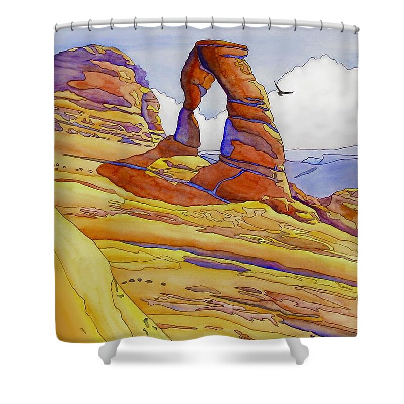 Kim Mcclinton Shower Curtain featuring the painting Delicate Arch by Kim McClinton