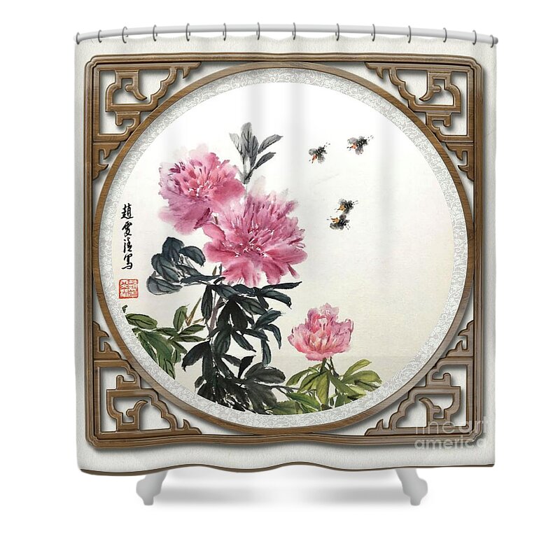 Peony Flowers Shower Curtain featuring the mixed media Depend On Each Other - 6 by Carmen Lam