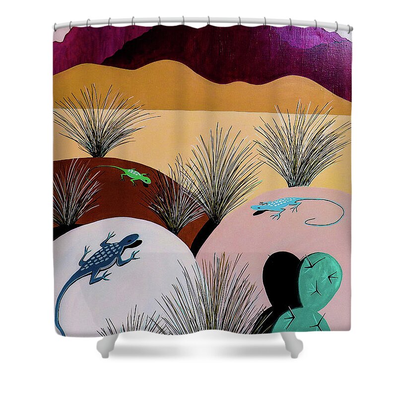 New Mexico Shower Curtain featuring the painting Desert Meeting by Ted Clifton