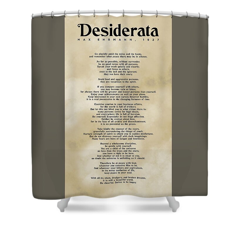 Desiderata Shower Curtain featuring the mixed media Desiderata Typographic Print on Antique Paper - Max Ehrmann - Literary Poster 10 by Studio Grafiikka