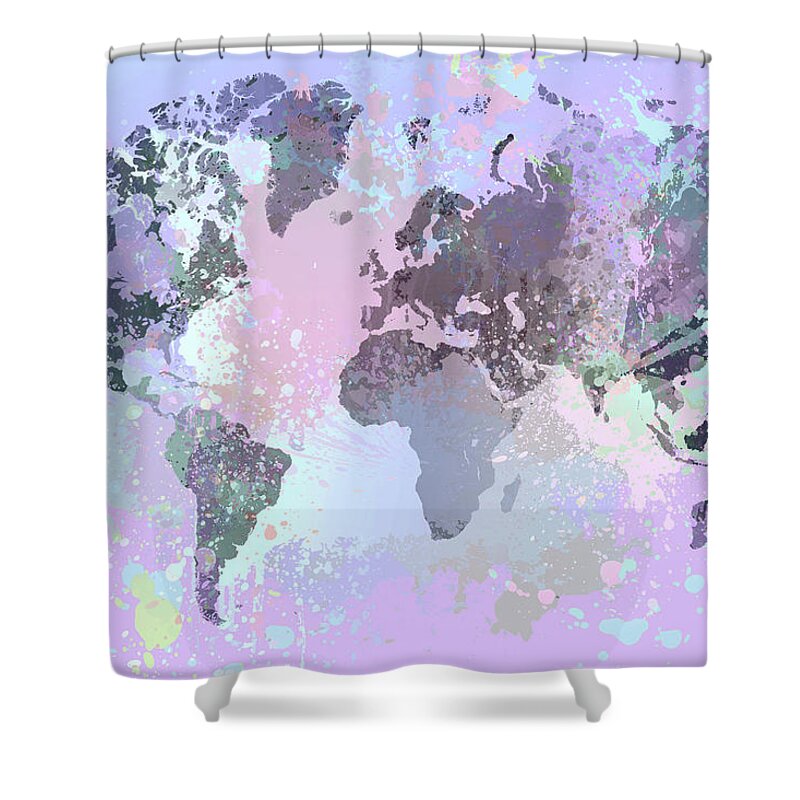 World Shower Curtain featuring the mixed media Design 157 World Map by Lucie Dumas