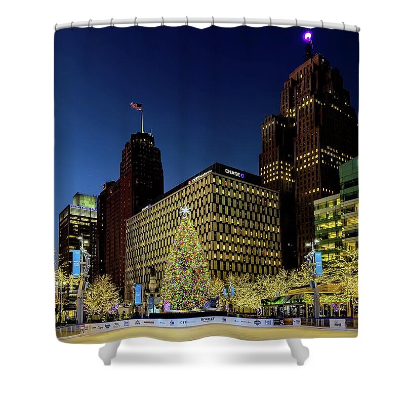 Detroit Shower Curtain featuring the photograph Detroit Campus Martius Rink and Christmas Tree IMG_6330 by Michael Thomas