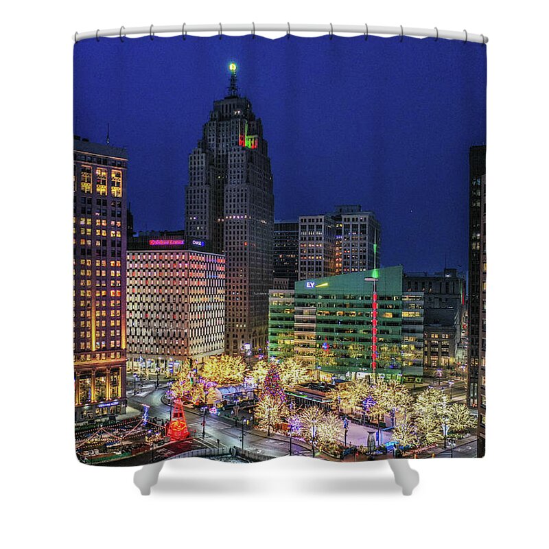 Detroit Shower Curtain featuring the photograph Detroit Christmas Lights at Campus Martius DJI_0113 by Michael Thomas