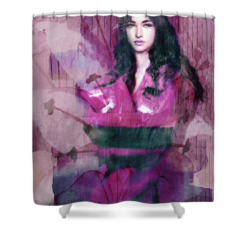 Portrait Shower Curtain featuring the mixed media Deviant by Jacky Gerritsen