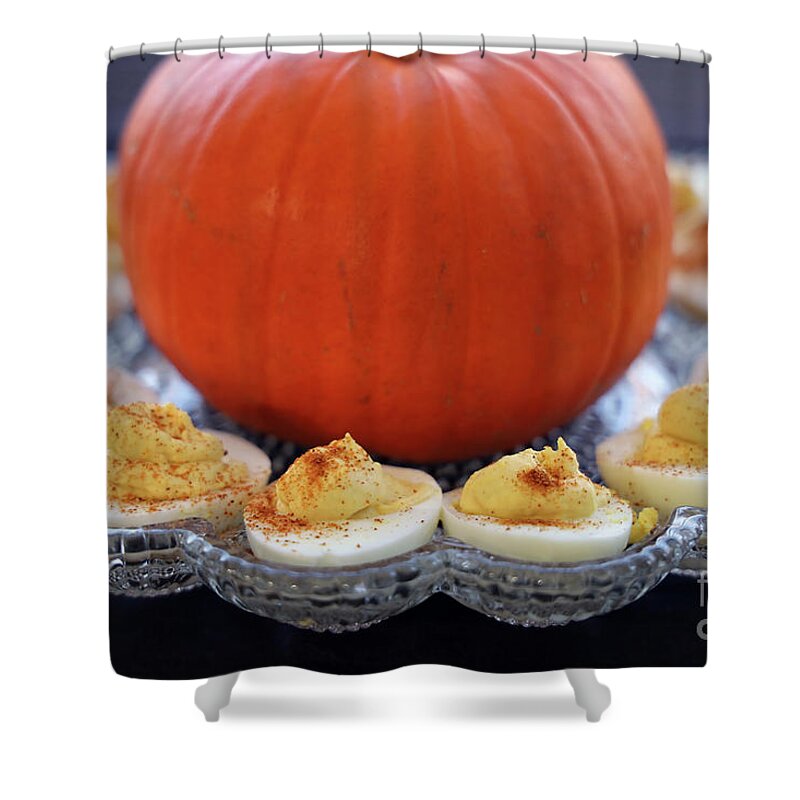 Deviled Eggs Shower Curtain featuring the photograph Deviled Eggs and Pumpkin 2854 by Jack Schultz