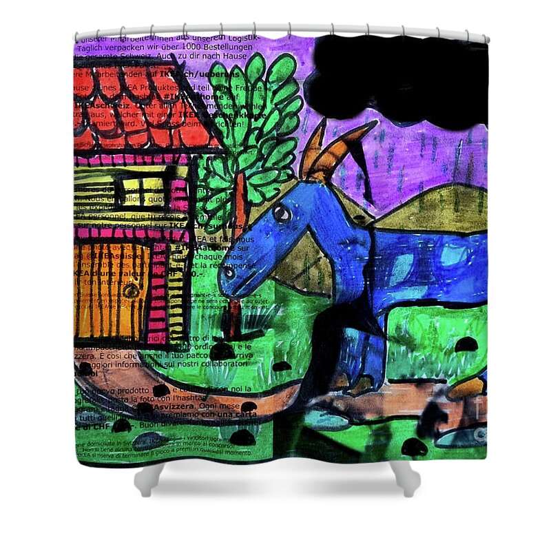 Goat Shower Curtain featuring the mixed media Die blaue Ziege wird nass by Mimulux Patricia No