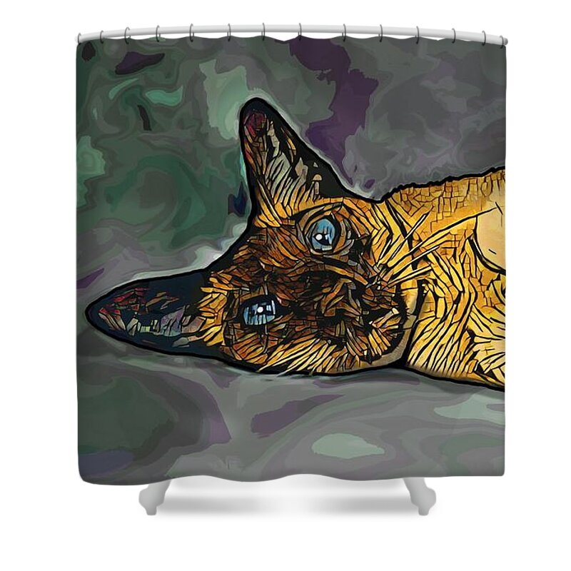 Cat Shower Curtain featuring the mixed media Digital Siamese Cat art 677 by Lucie Dumas